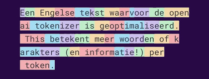 Een Nederlandse tekst tokenized, gevisualiseerd met kleuren.